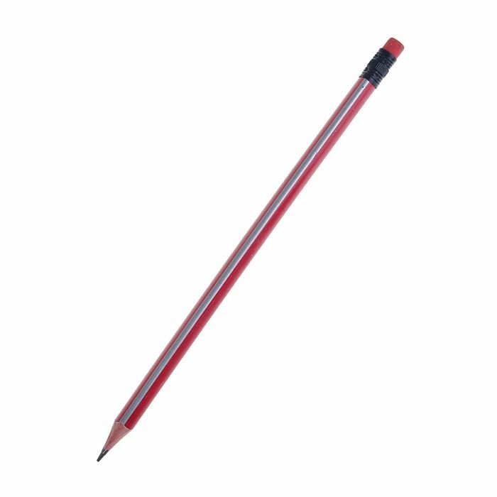 Černá olověná tužka s gumou HB, trojúhelníkové nabroušené červené pouzdro se šedými pruhy