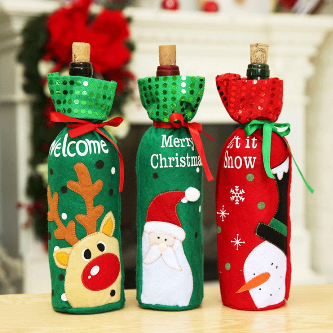 Paljettflaskehattepose Julenissen Elg Snømann Juleborddekorasjoner