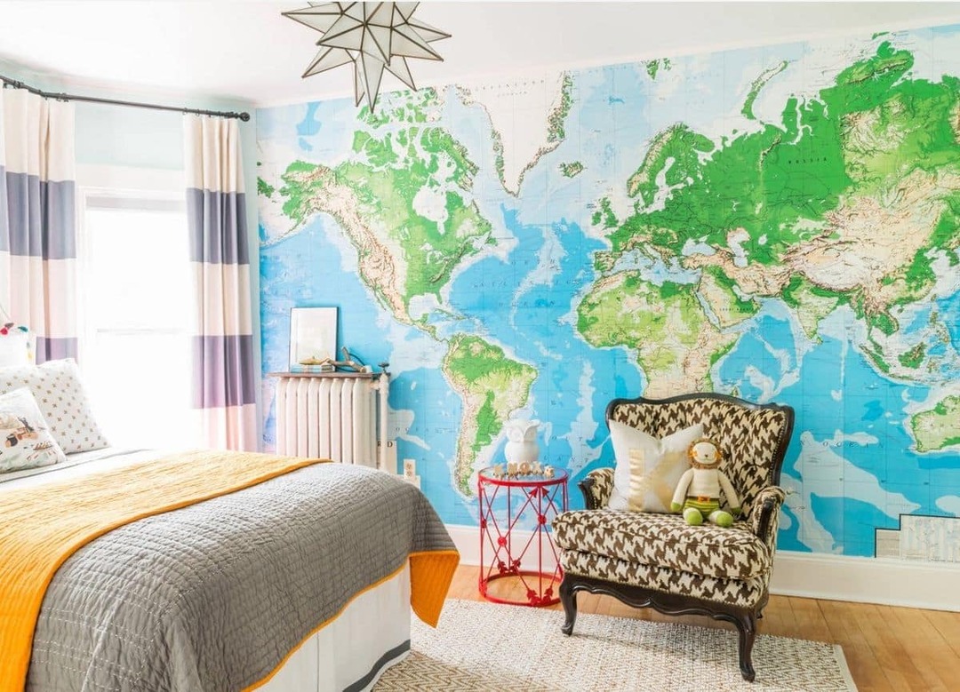 Photo wallpaper with a world map in the interior
