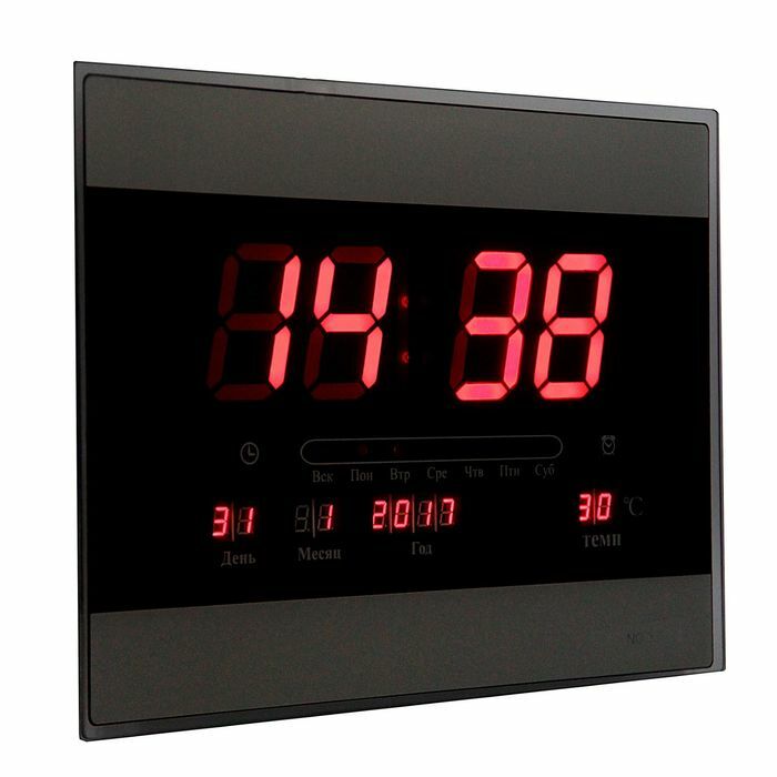 Elektronische wandklok: wekker, kalender, rode cijfers, 2 strepen