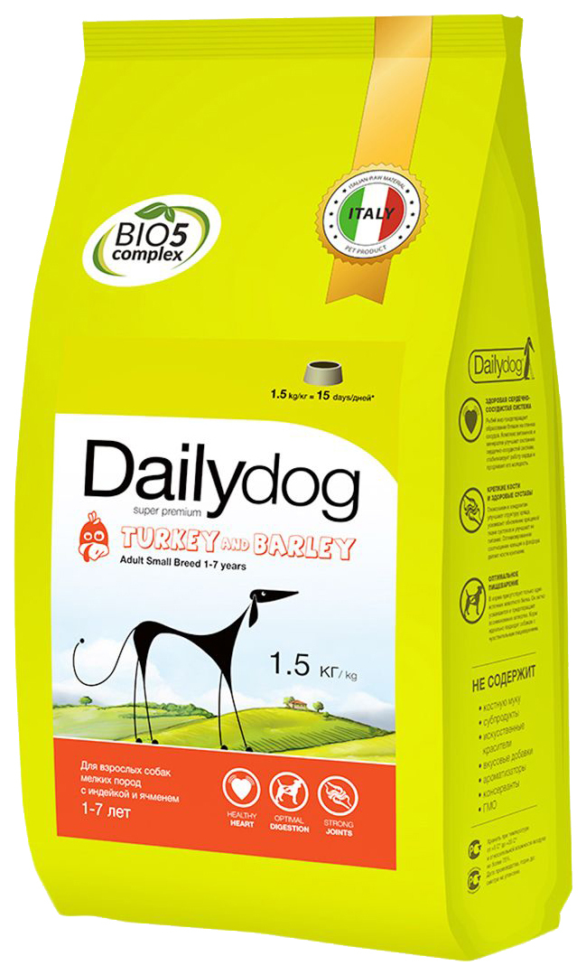 Tørfoder til hunde Dailydog Adult Small Breed, til små racer, kalkun og byg, 1,5 kg