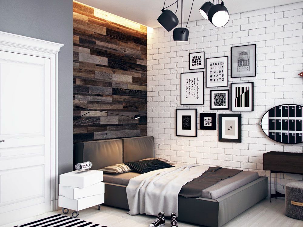 Schwarz-weißes Zimmer im Loft-Stil für einen Jungen