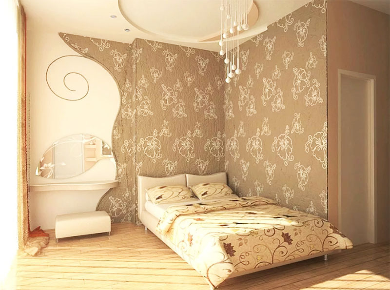 In this example, the focus is on the mirror. Its unusual shape dictated the way of gluing wallpaper.