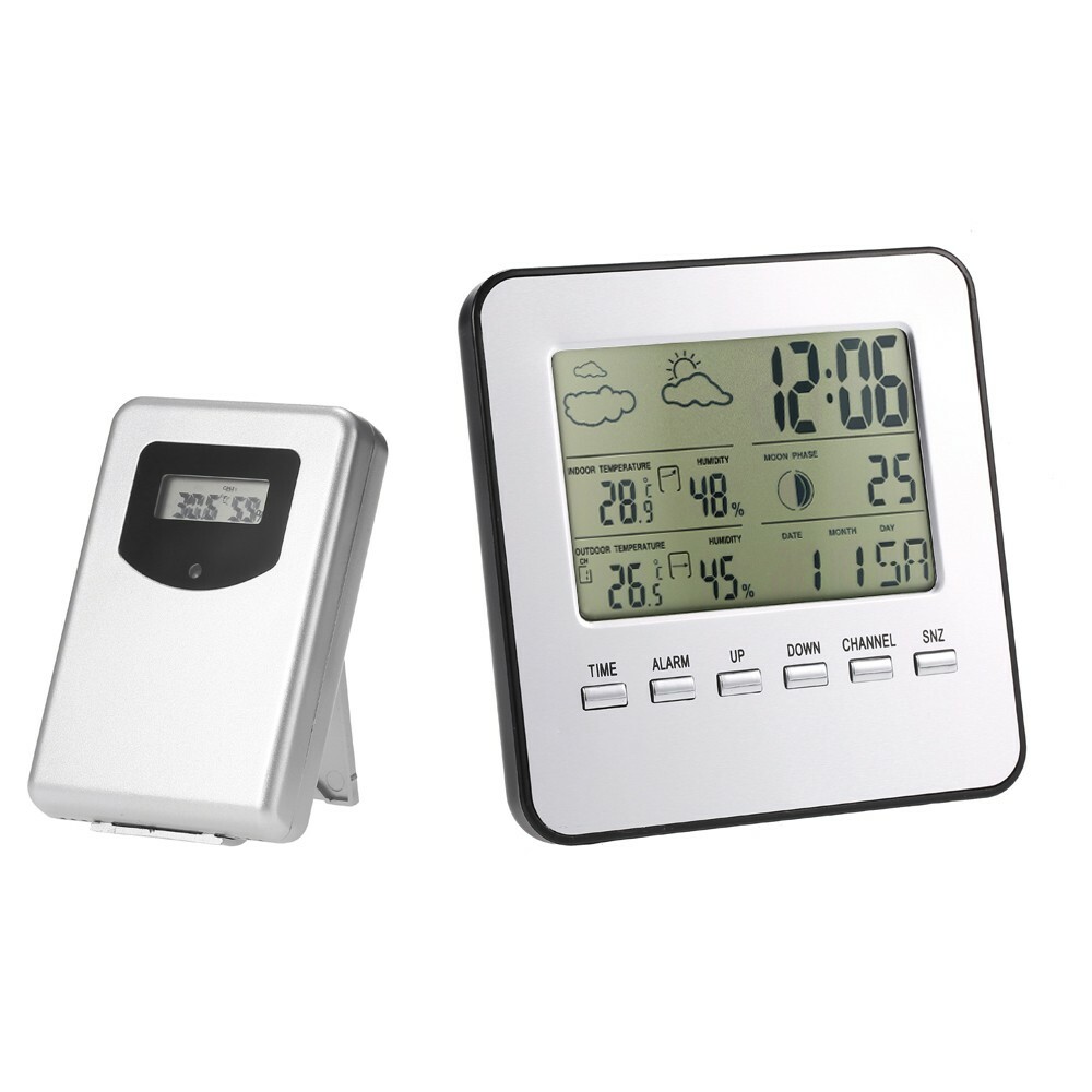 Indendørs Digital Udendørs Termometer Hygrometer Trådløs Vejrstation Ur LCD Kalender Alarm Månefase Display