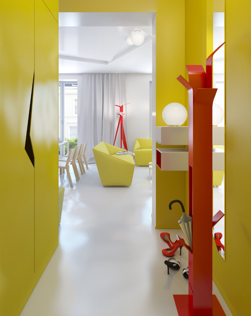 Yellow walls in the hallway of a small area
