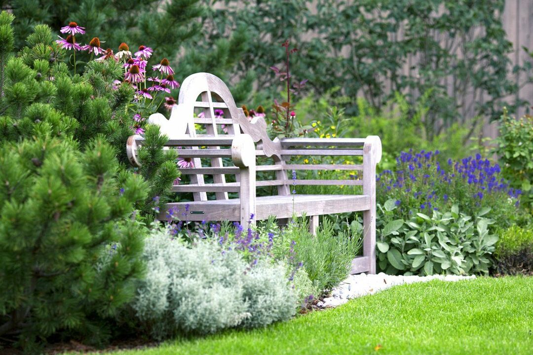 Banco de jardim para residência de verão, casa e jardim com fundo: bancos de madeira na paisagem