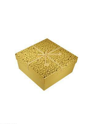 Caja regalo Corazones de fieltro amarillo metalizado 15 * 15 * 7cm, lazo decorativo, gofrado, cartulina