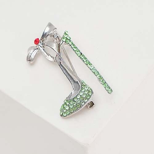 Brooch Shoe with bow, green-red in silver