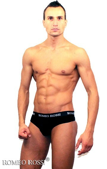 Elastické pánske tangá nohavičky v čiernej farbe so štýlovým opaskom Romeo Rossi Thongs R1006-2