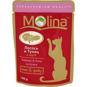 Sakiewki Molina Smak # i # Jakość Łososia # i # Tuńczyk w Sosie z Łososia i Tuńczyka W Sosie dla Kotów 100g (1099)