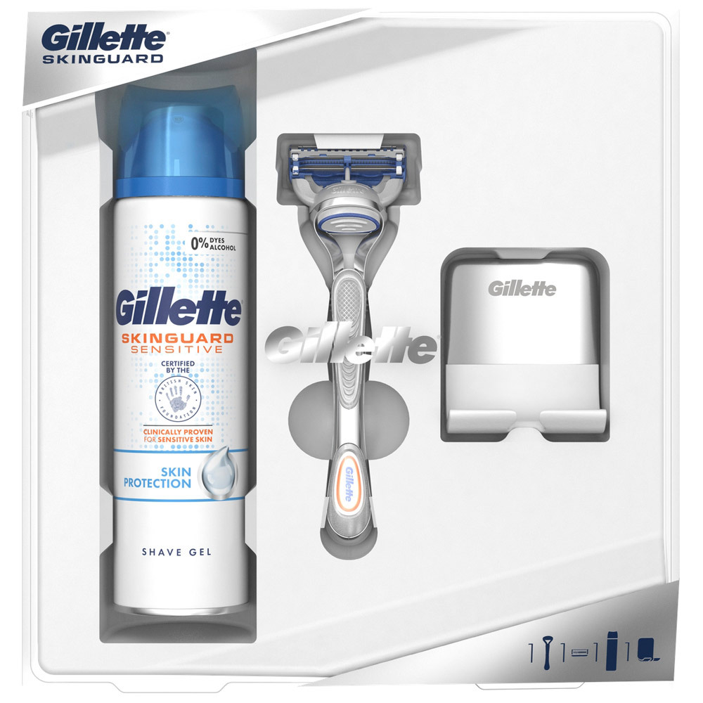 Gavesett Gillette Skinguard Sens barberhøvel med kassett + Barbergel 0,2L + veggholder