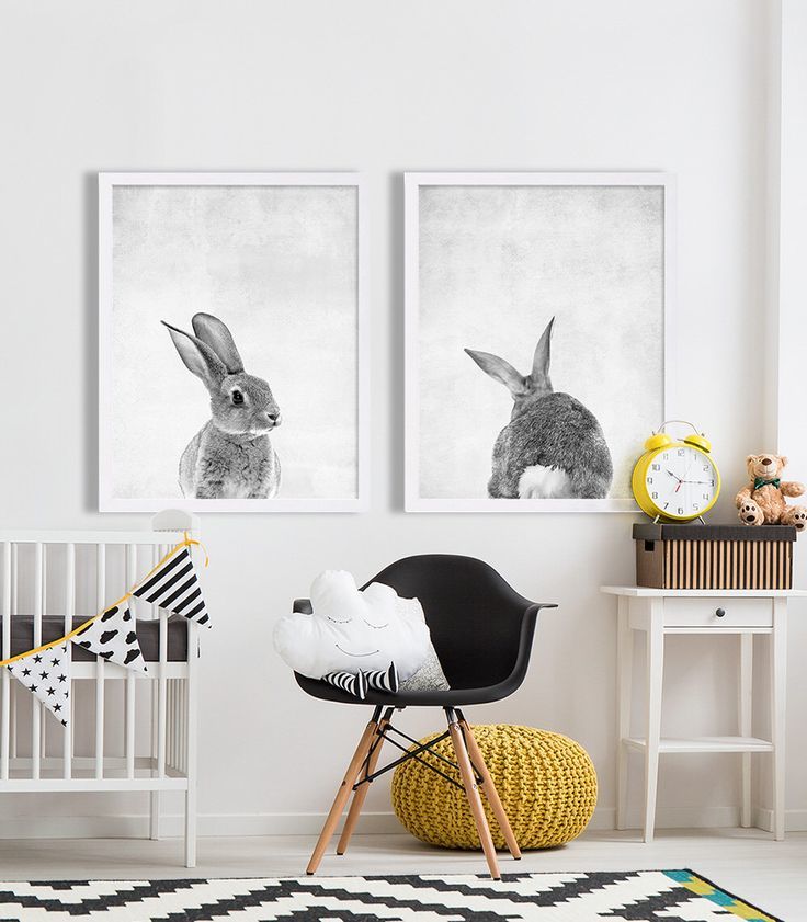 Hare sur une des affiches en noir et blanc dans la pépinière