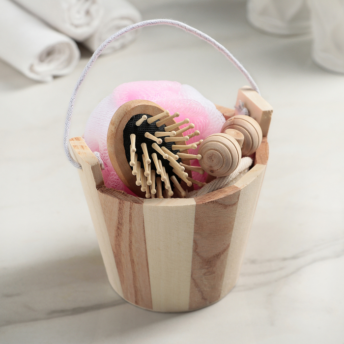 Bath set, 4 items: washcloth 2 pcs, hairbrush, massager