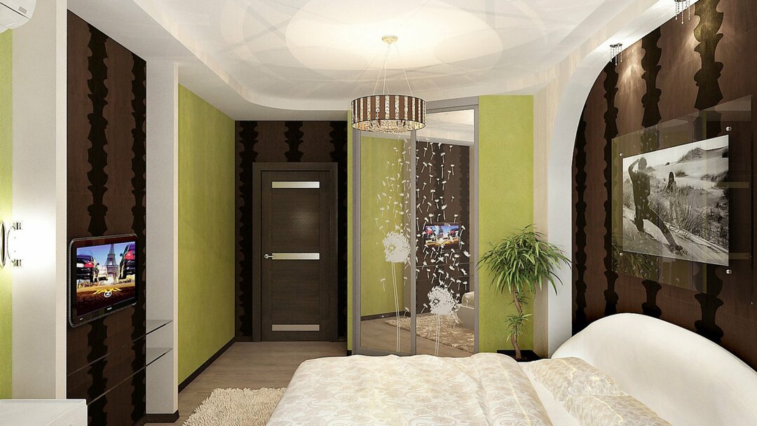 Miegamasis šokolado tonais: užuolaidų ir tapetų variantai kambario interjerui, nuotrauka