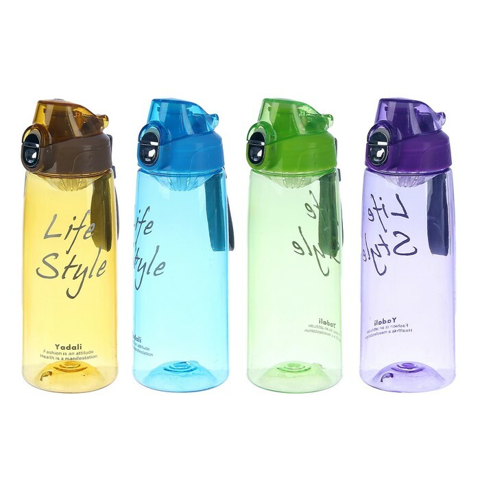Water bottle 800 ml, transparent, plastic lid with a nipple, on a bracelet, mix, 7x22 cm