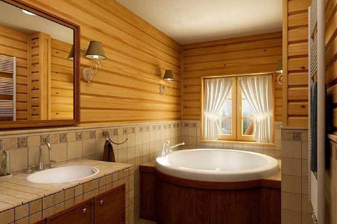 Decoração de parede combinada no banheiro de uma casa de madeira