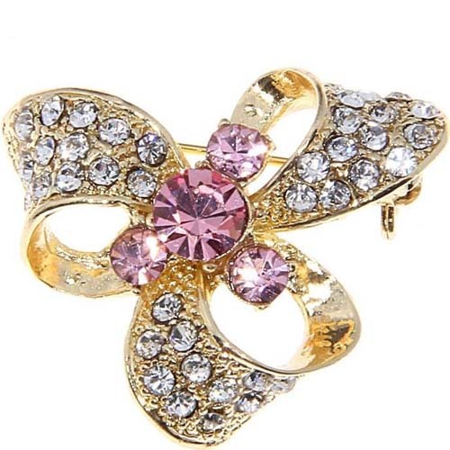 Brooch Bow with stone, color white-pink in gold