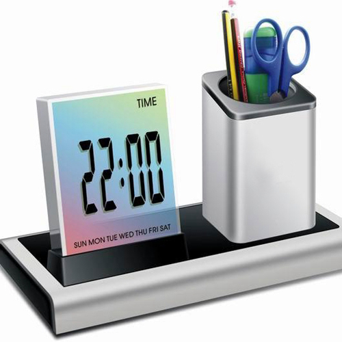 Kleurrijke Zwarte Digitale LED Bureau Wekker Mesh Handvat Kalender Houder Timer Thermometer