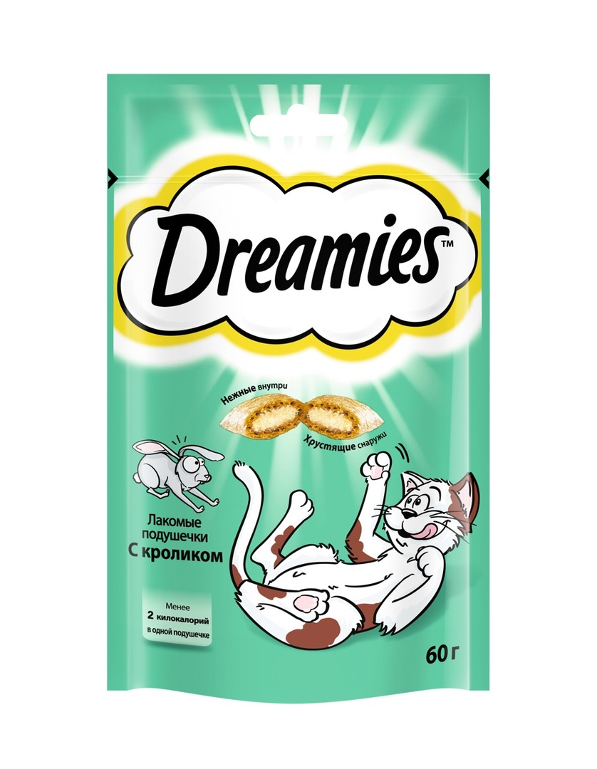 Guloseima de gato Dreamies, almofadas de coelho, 60 g