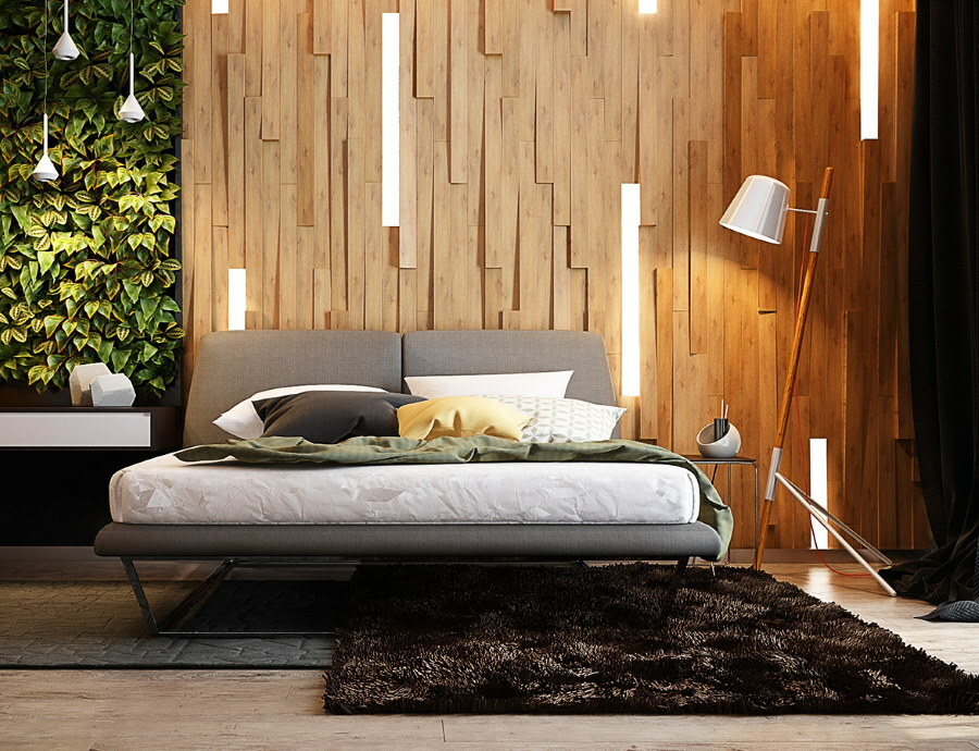 Holzpaneele in der Dekoration des Schlafzimmers