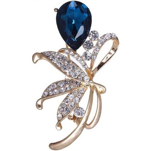 Brooch Bow with a drop, color white and blue in gold