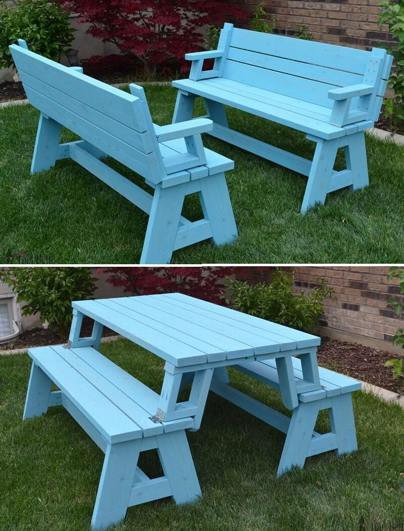 Colored wood transforming bench
