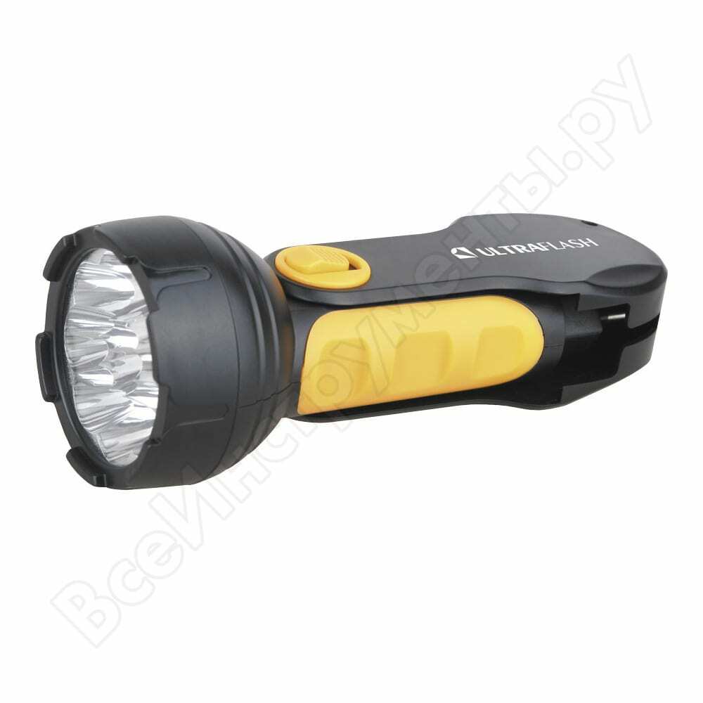 Flashlight ultraflash led3816 (battery 220v, black / yellow, 9 led, sla, layer, warehouse. plug box) 10794