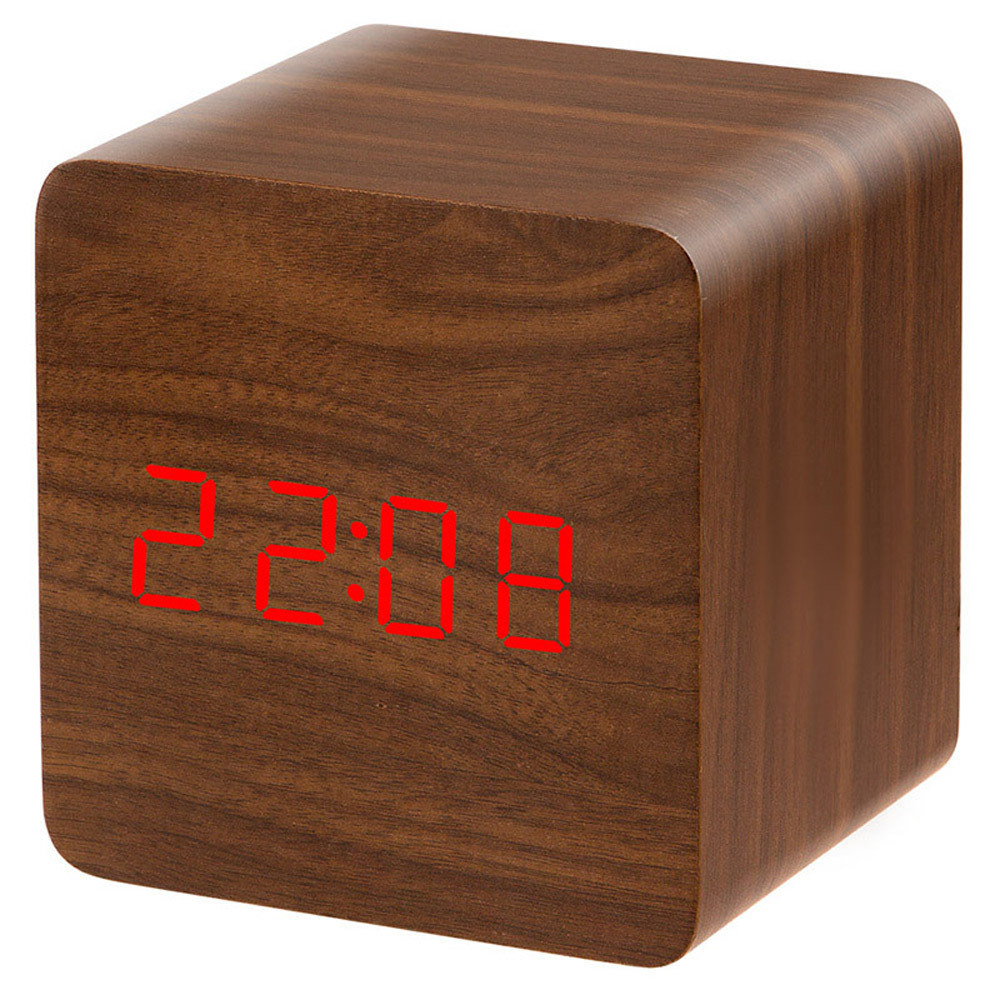 Voice activated electronic LED screen shutdown function memory power temp display wooden alarm clock