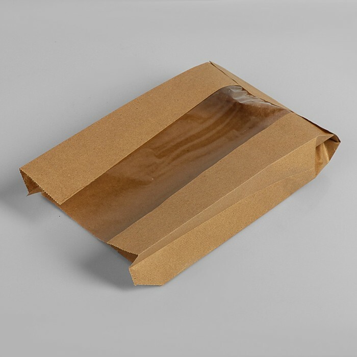 Výplňový papírový sáček, kraft, s okénkem, dno ve tvaru V 25 x 14 (6) x 5 cm