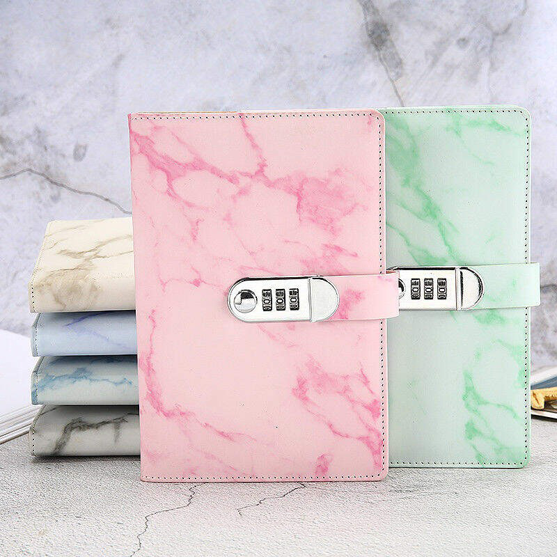 Memo Papers A5 Vintage Leather Marble Diary With Password Lock Coded Notepad