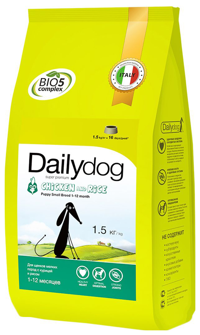 Suha hrana za mladičke Dailydog Puppy Small Breed, za male pasme, piščanca in riž, 1,5 kg