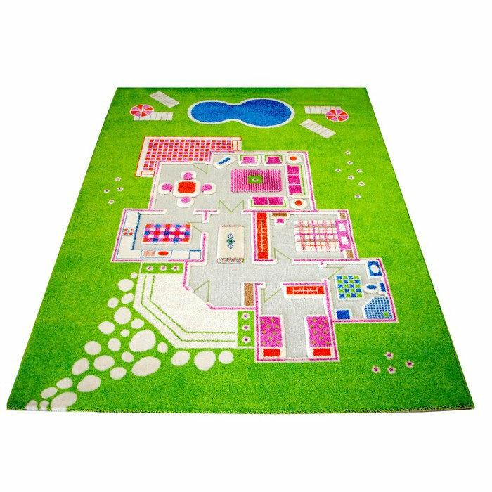 Kinderspielteppich 3D Haus, grün, 160 x 230 cm