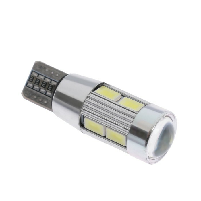 Autolampe LED T10, linse, 10 SMD, 12V, lys hvit
