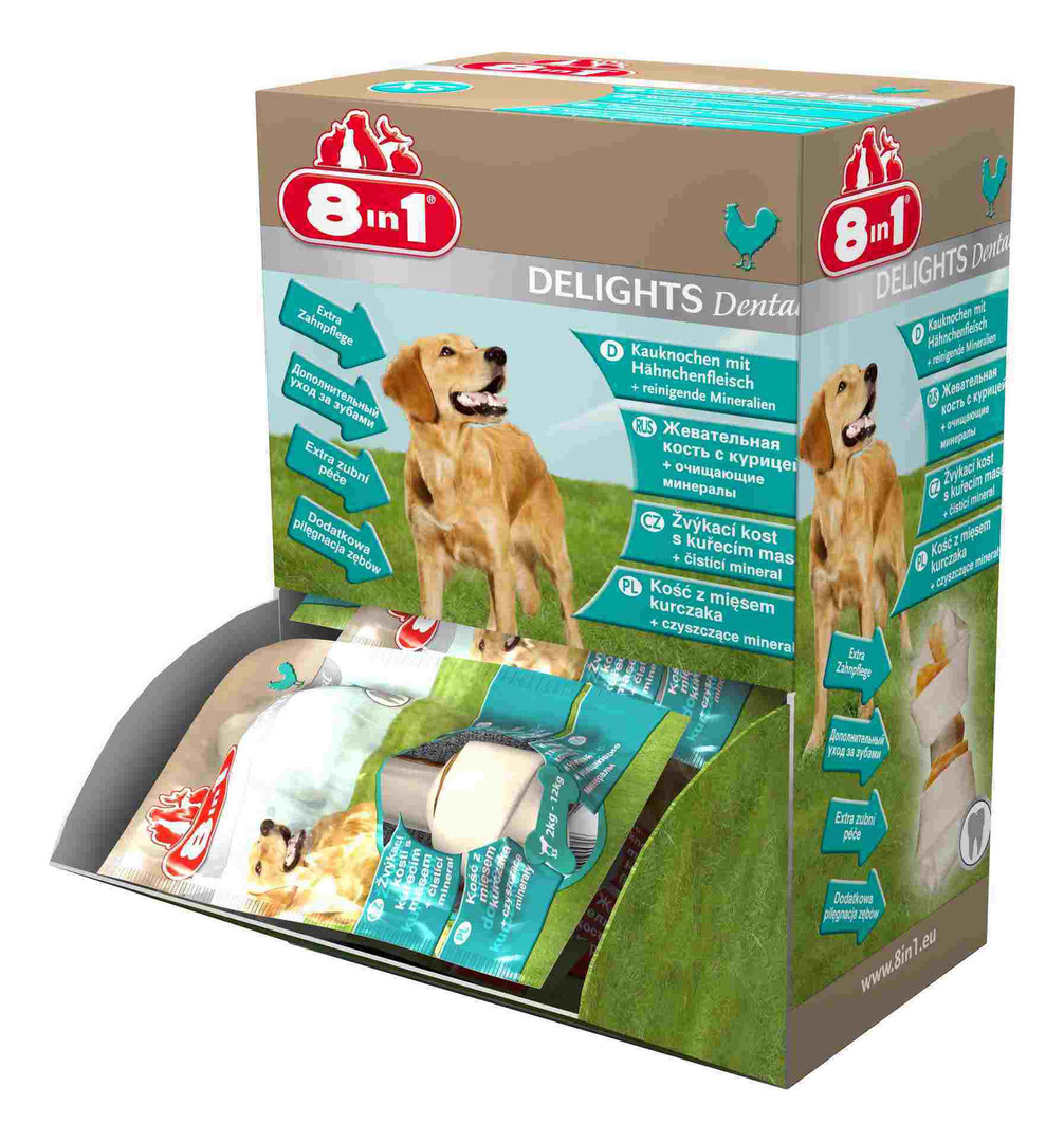 Kezelés kutyáknak 8in1 Delights Dental, csont csirkével és ásványi anyagokkal, 15 g