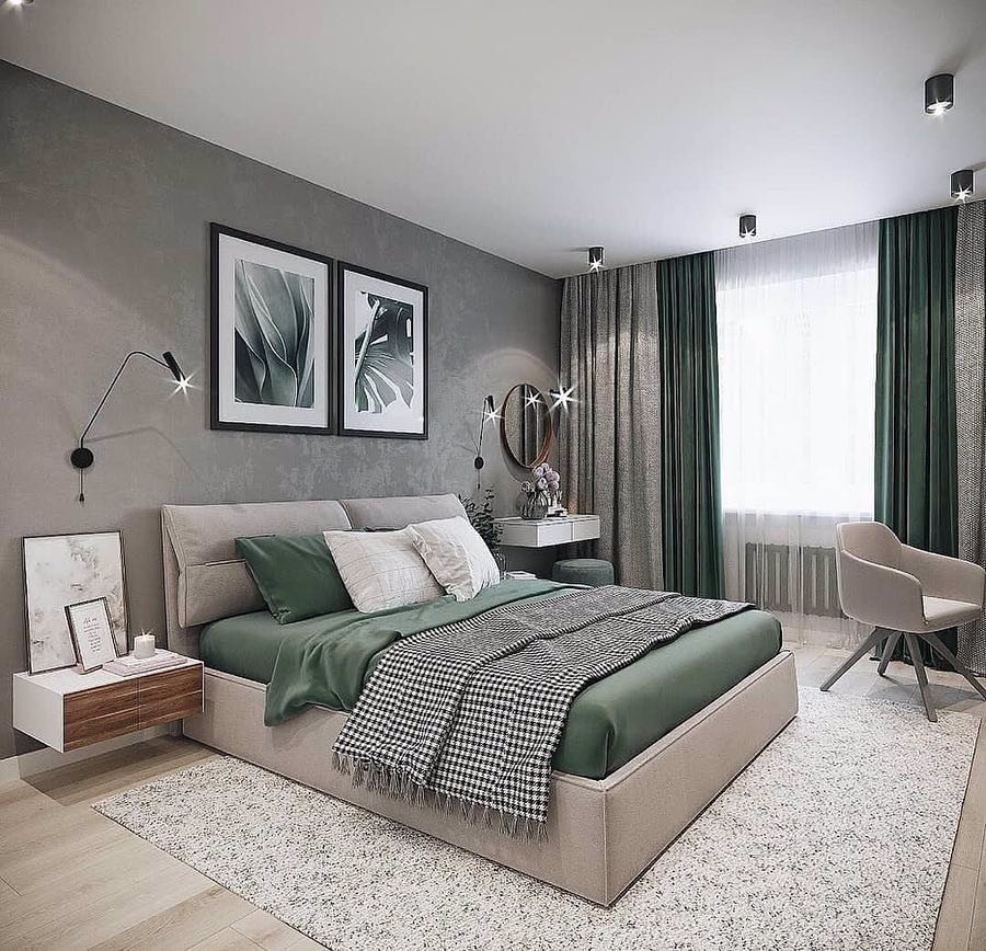 Green curtains in a gray bedroom