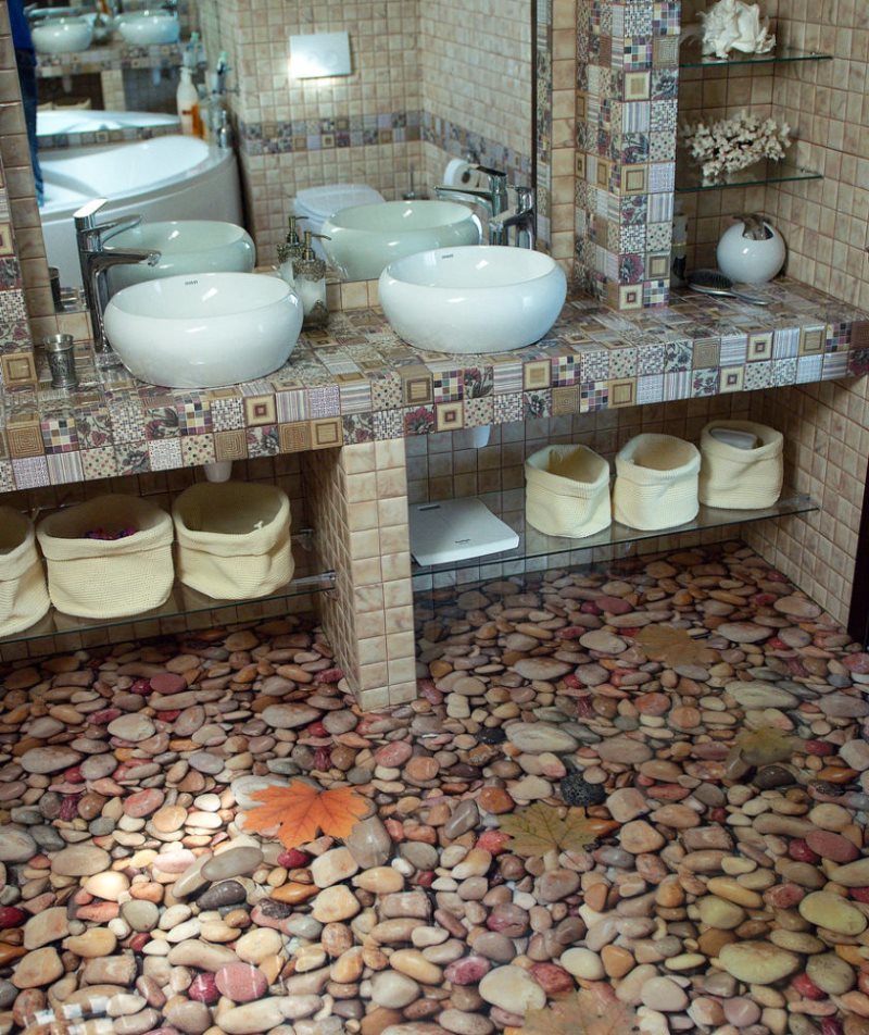 suelos industriales con efecto 3D en el interior del cuarto de baño