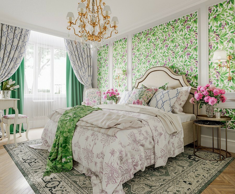 Wallpaper with a green pattern in a Provence style bedroom