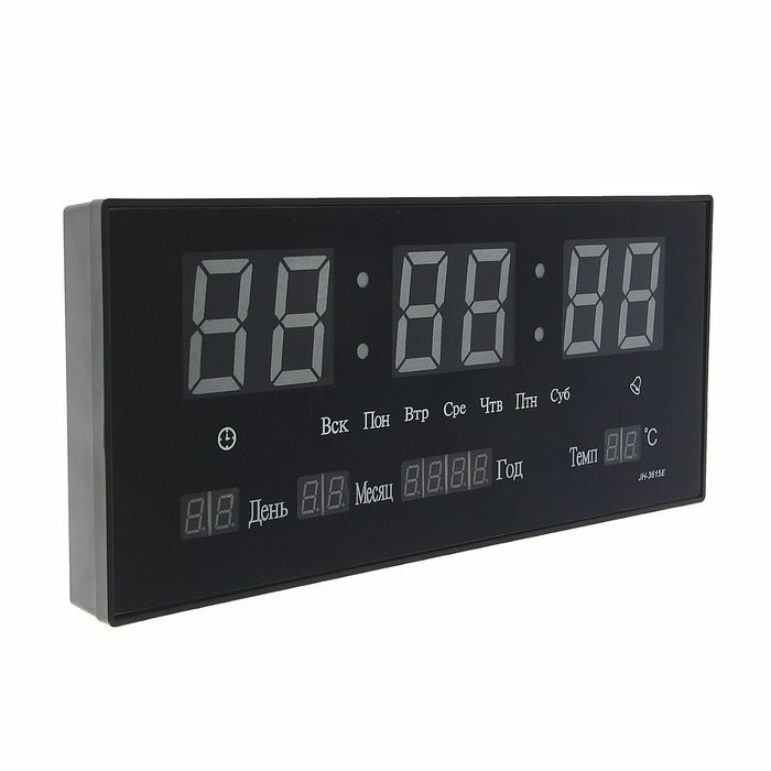 Elektronische wandklok, rechthoekig: wekker, tijd, kalender, temperatuur, melodiekeuze, groene cijfers