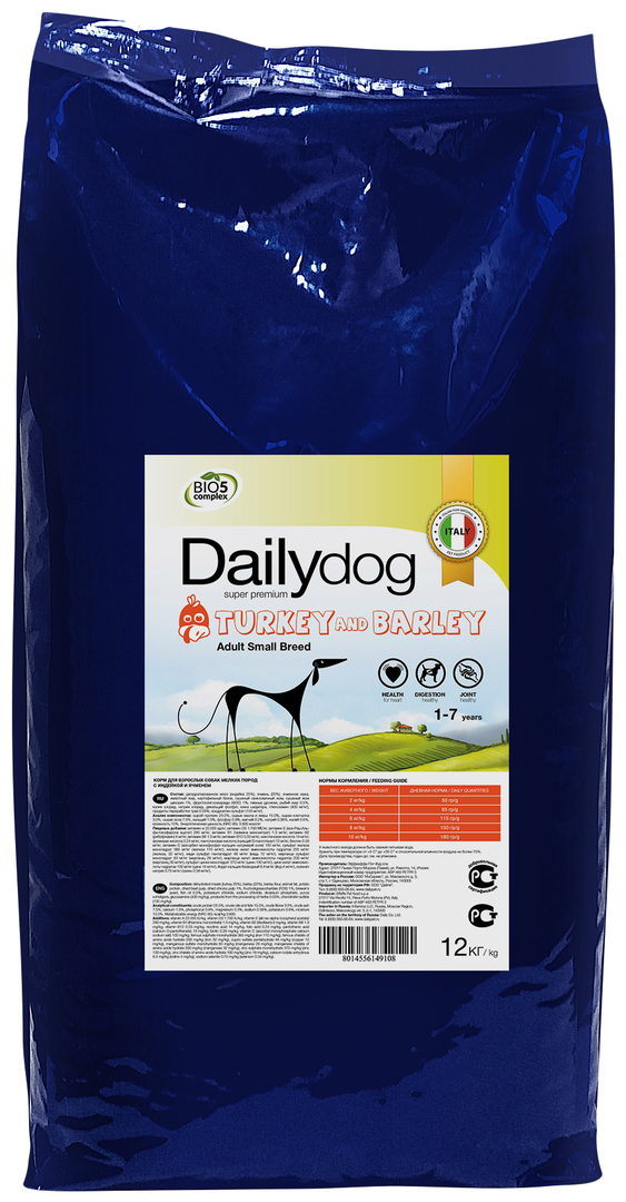 Tørfoder til hunde Dailydog Adult Small Race, til små racer, kalkun og byg, 12 kg