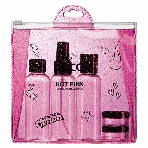 Utazópalack -készlet DE.CO. HOT PINK kozmetikai táskában 5 db