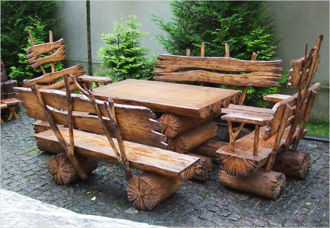 rönkből és kenderből készült kerti bútor