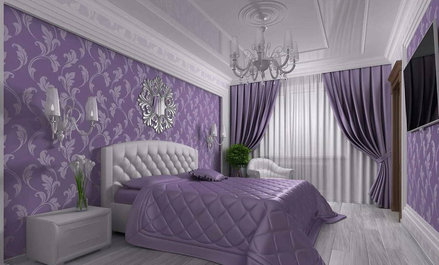 Fialová barva v interiéru ložnice