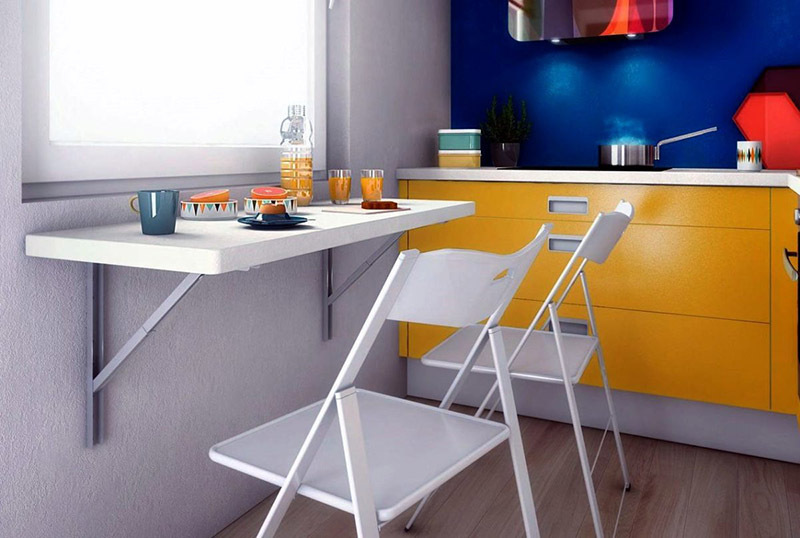 Saliekams virtuves galds nelielai virtuvei: dizains, materiāli, pārveidošanas metode