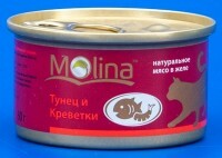 Karma w puszkach dla kotów Molina, tuńczyk z krewetkami w galarecie, 80 gram