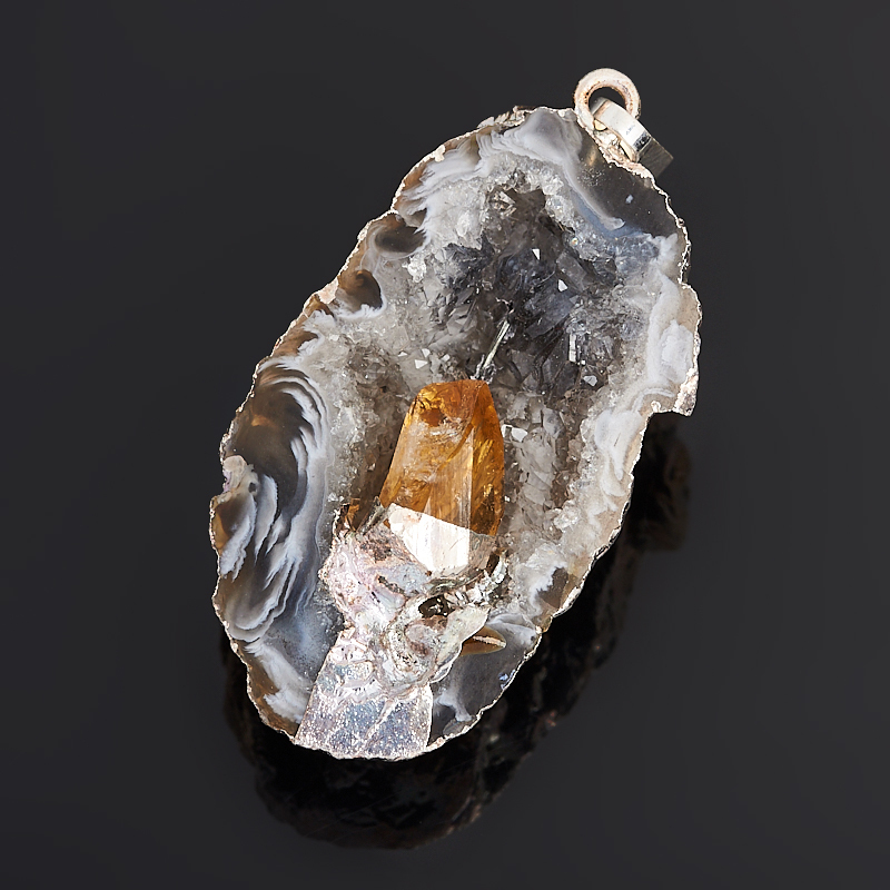 Anhänger achatgrau (bij. Legierung) Geode mit Citrinkristall 3,5-4,5 cm