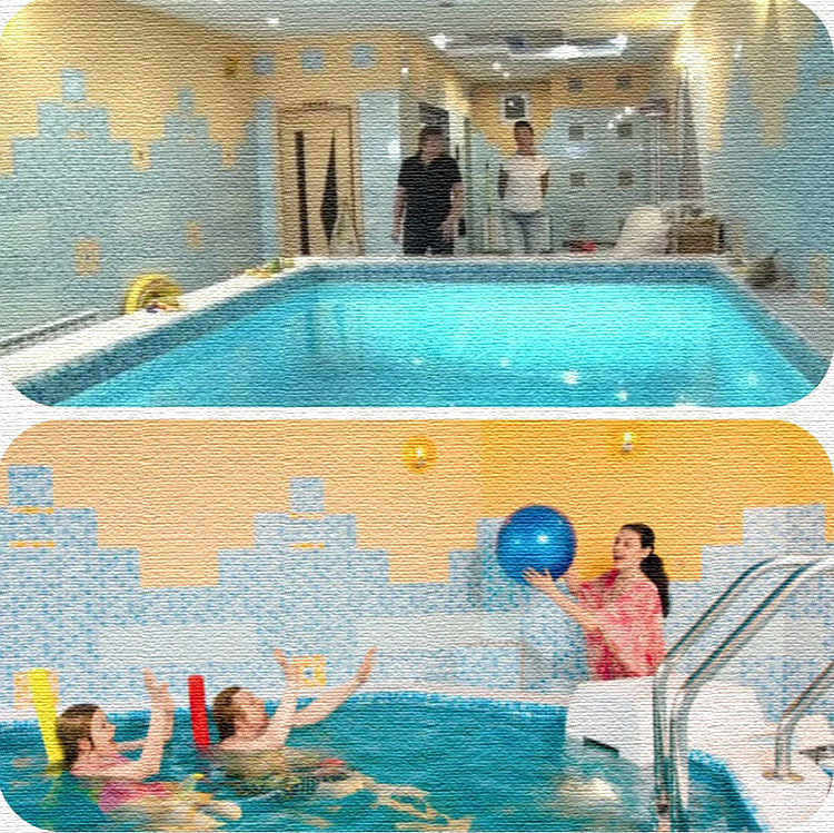 Une rangée de spots et d'appliques murales illuminent la piscine