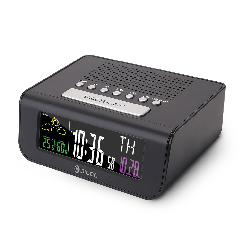 שעון מעורר דיגיטלי בצבע מלא עם תחזית מזג אוויר וצג שינה ורדיו FM