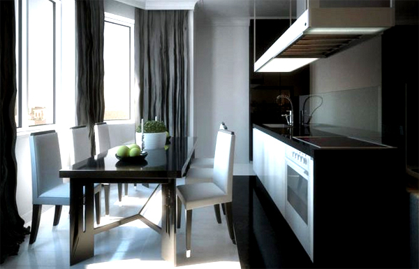 High-backed white upholstered chairs soften the black décor of the kitchen and dining area