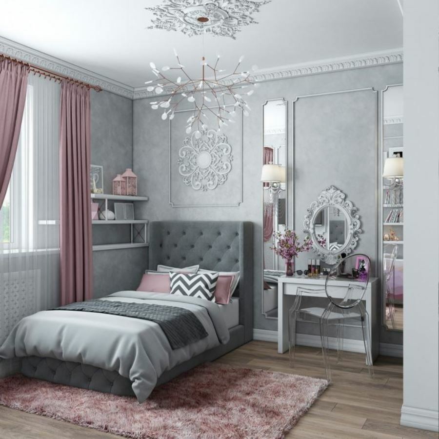 szürke rózsaszín hálószoba design fotó