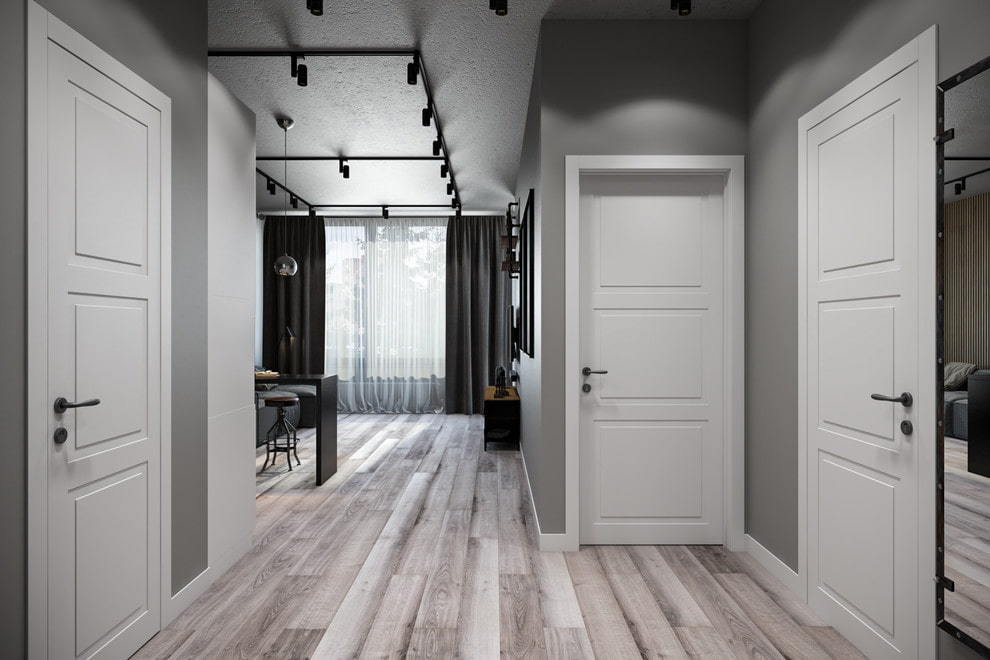 Apartment hallway with gray walls
